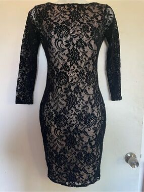Moda International Black Lace Overlay with Nude Lining Long Sleeve Dress